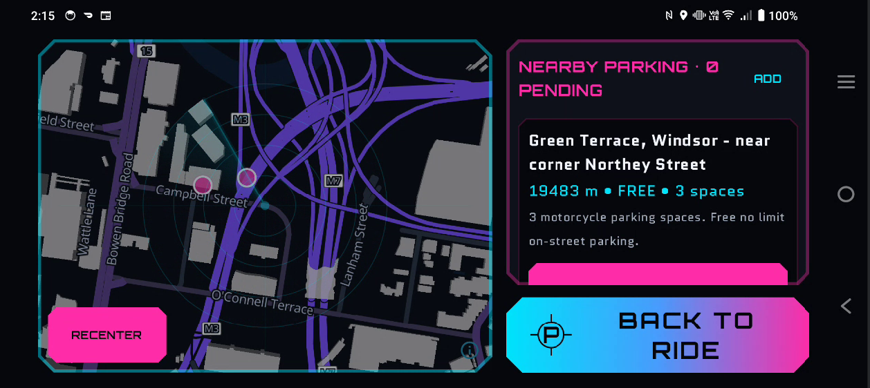 KerbPilot landscape Parking mode showing a dark map, nearby motorcycle parking markers, a pending record and a Back to Ride control.