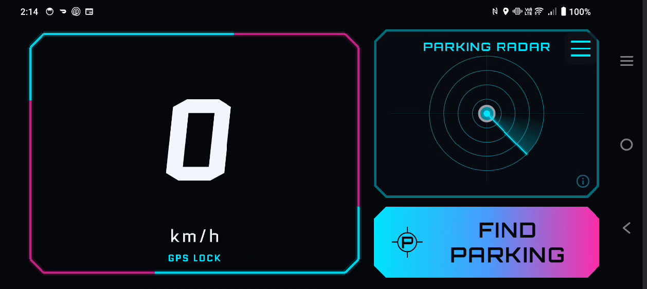 KerbPilot landscape Ride mode at zero kilometres per hour, showing the speedometer, GPS lock, parking radar and Find Parking control.