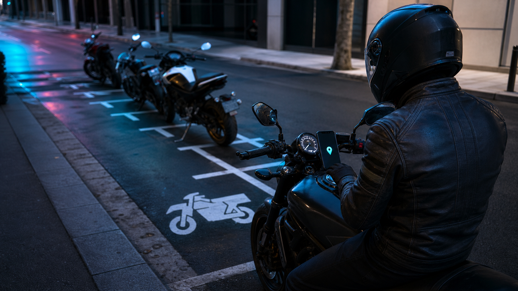 A stationary motorcyclist using a handlebar-mounted phone beside dedicated motorcycle parking bays.